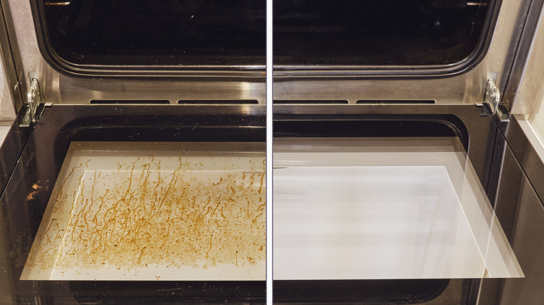 Split screen of glass oven door, one side dirty and grimy, the other sparkling clean