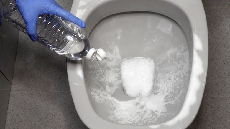 Gloved blue hand sprinkling vinegar with baking soda in a toilet bowl