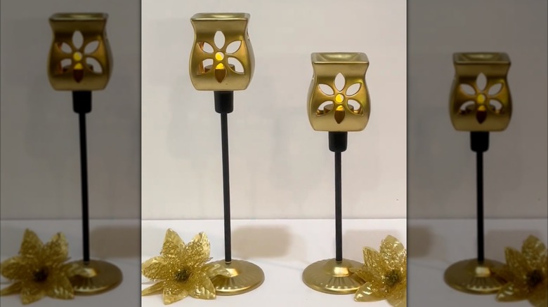 DIY candle holder with Dollar Tree wax warmer on top of a candle holder