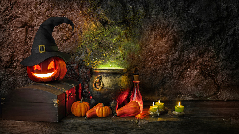 A witch's hat and pumpkin Halloween decorations