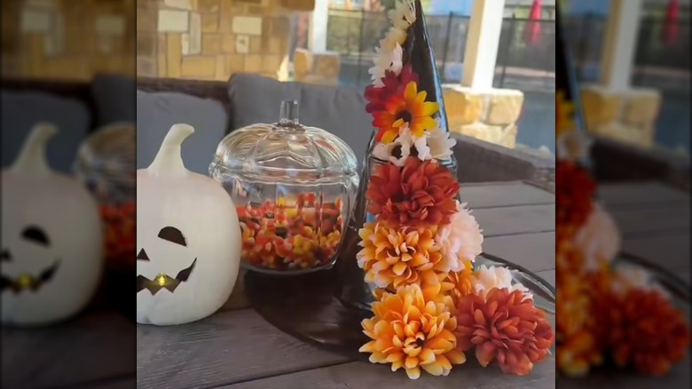 A fall arrangement from a Dollar Tree witch's hat