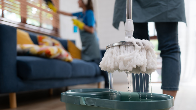 Close-up of a mop and bucket