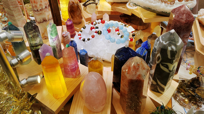 A variety of tower-shaped crystals in a store display