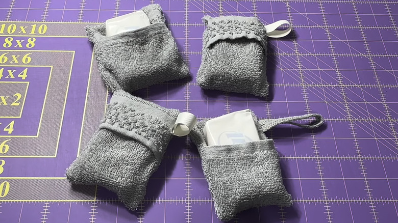 Soap holders made from old bath towels.