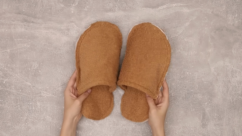 Spa slippers made from old bathroom towels.