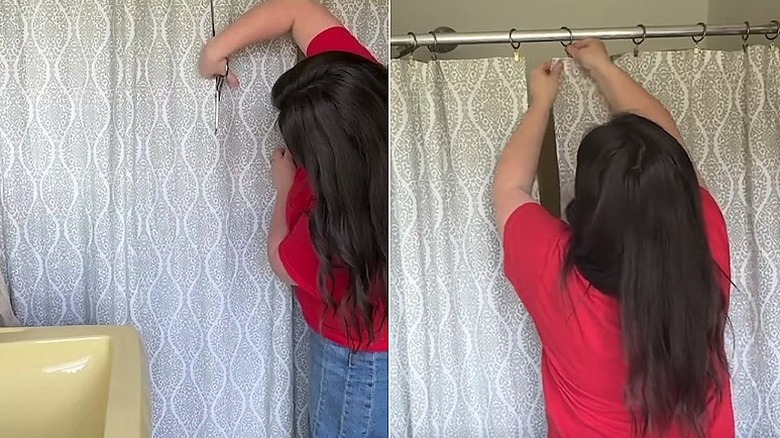 Split image showing the person cutting the shower curtain in half on the left and hanging the two pieces of curtain on the right
