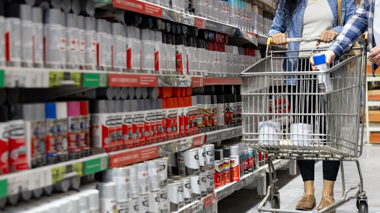 A store with shelves stocked with different types of paints with people adding spray paint to their cart.