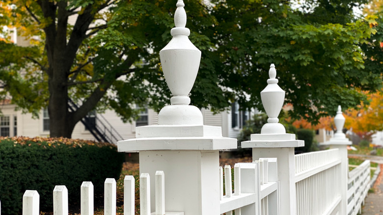 Close up of a white picket fence