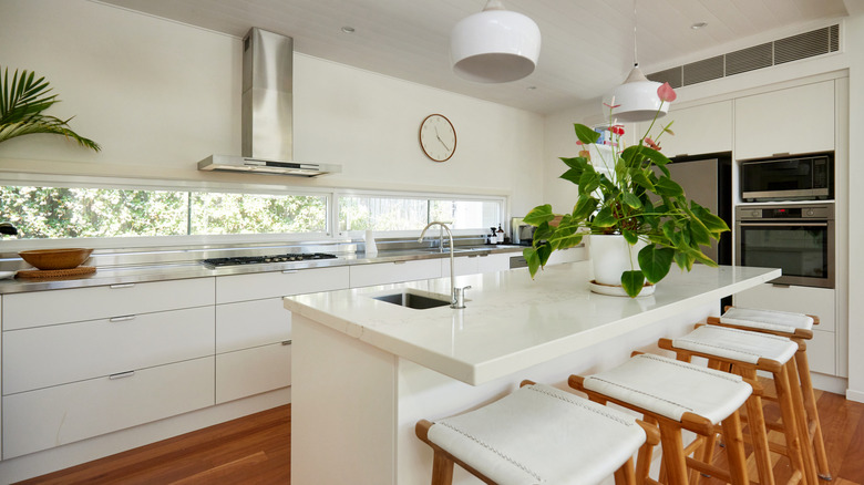 A modern kitchen with lots of white countertops, white cabinets, timber flooring and stainless steel appliances
