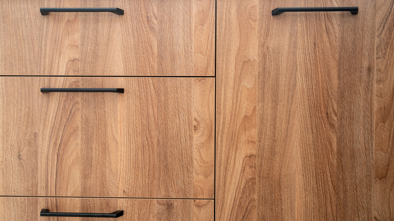 Smooth wooden cabinet with minimalist black handles in a contemporary kitchen