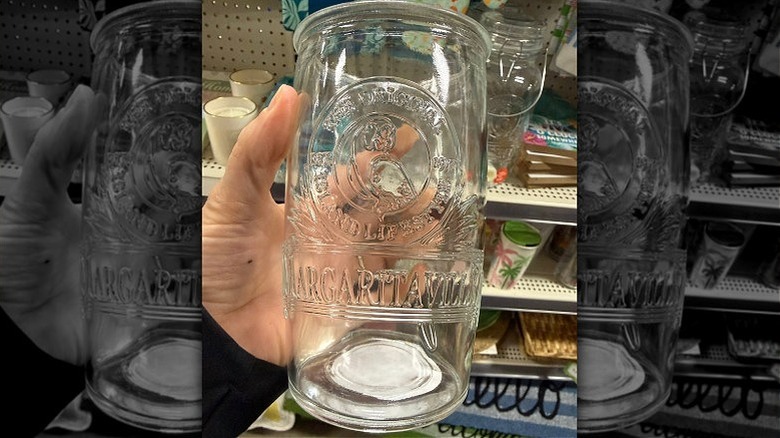 the clear embossed glass tumbler from Jimmy Buffett's Margaritaville collection available at Dollar General