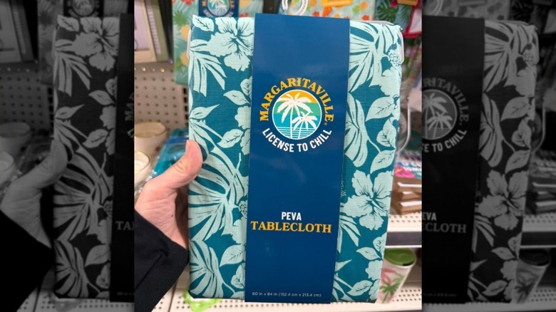 The PEVA tablecloths from Dollar General featuring the Margaritaville prints