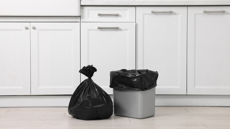 Trash bin and bag of garbage in white kitchen