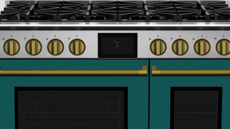A water blue BlueStar oven with brass accents.
