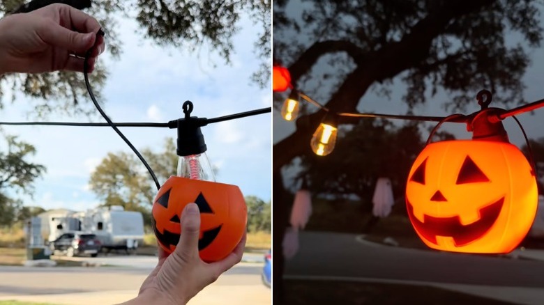 Outdoor string lights with mini Jack-o'-lantern Halloween buckets fitted over the bulbs.