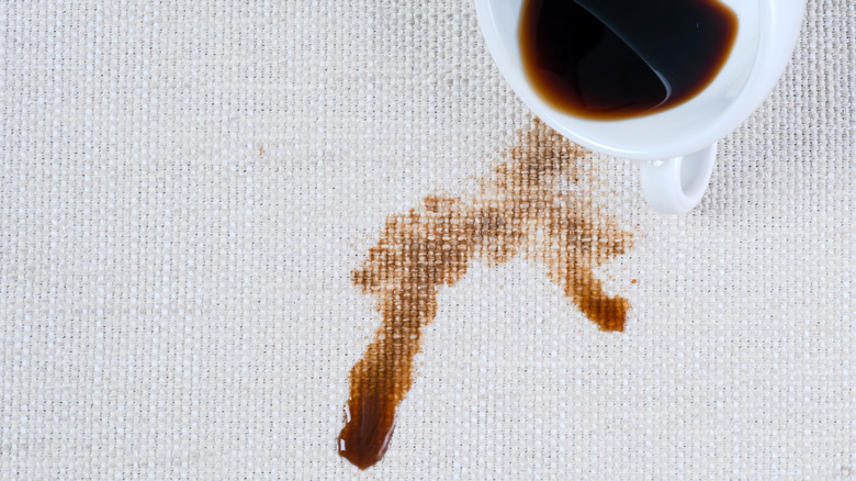 Close up of coffee stain on white fabric