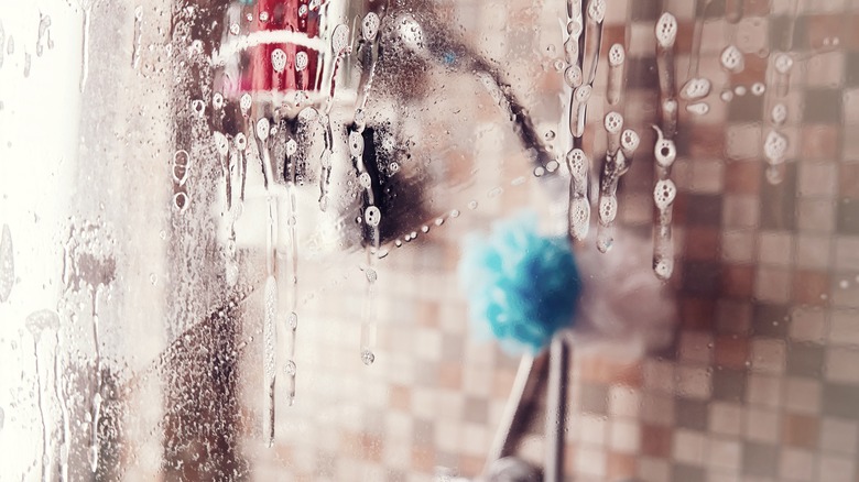 Cleaning solution on a glass shower door.