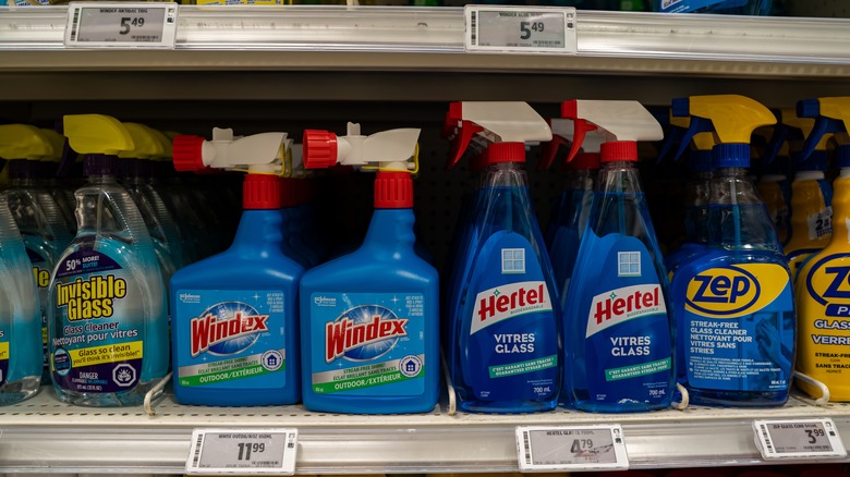 Bottles of commercial glass cleaner on the shelf of a grocery store.