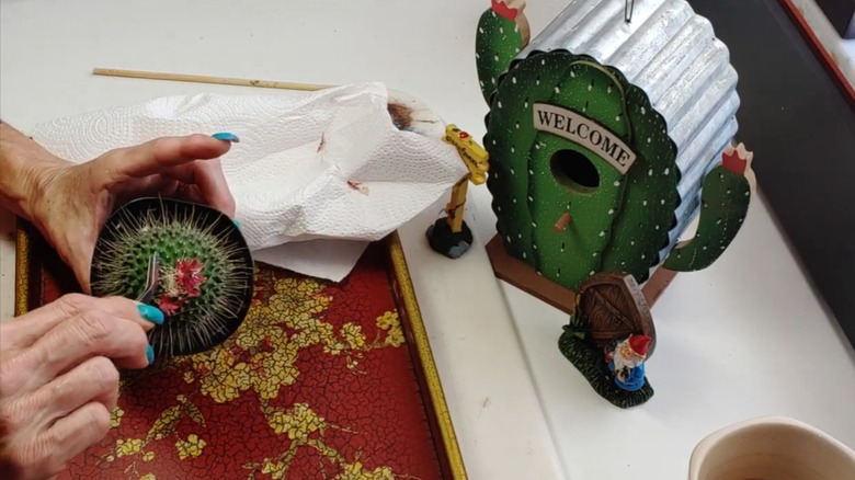 A woman removing artificial flower from a cactus using a tweezer