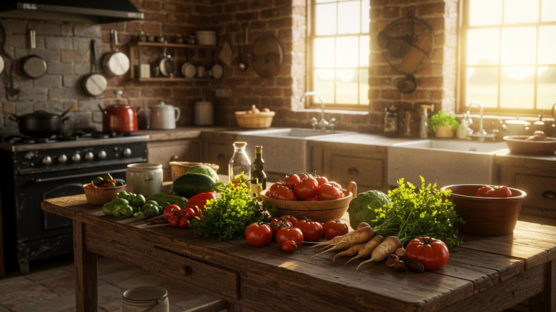A kitchen island in a country kitchen