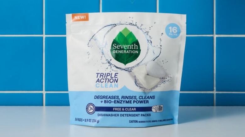 A pack of Seventh Generation Triple Action Clean Dishwasher tablets on a kitchen counter