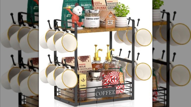 EsLuker.ly's Tree Bar Station Organizer filled with coffee mugs and other coffee-related supplies.