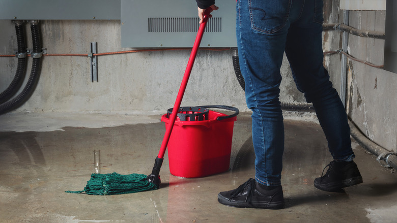 Someone mopping their basement floor