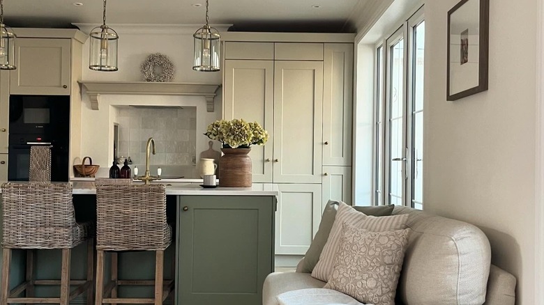 Kitchen walls and cabinets painted in a mushroom hue