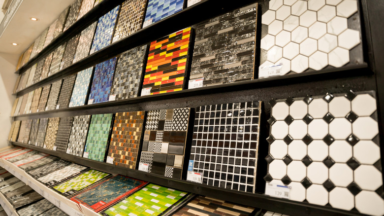 Kitchen backsplash tile samples displayed in store