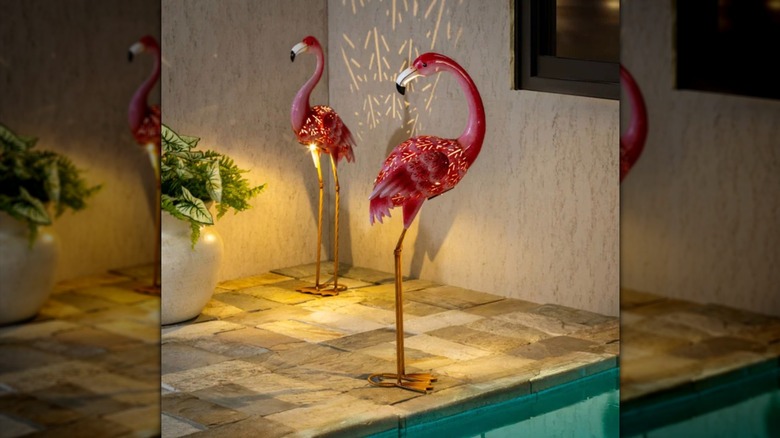 Solar LED Flamingos by a poolside
