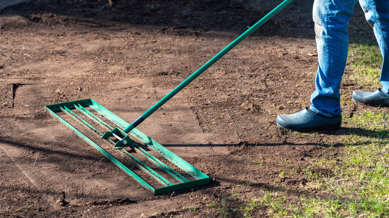 Person using a landscaping rake to level the ground