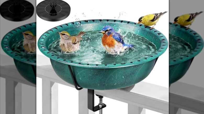 A turquoise-colored bird bath mounted to a deck railing and displayed against a white backdrop.