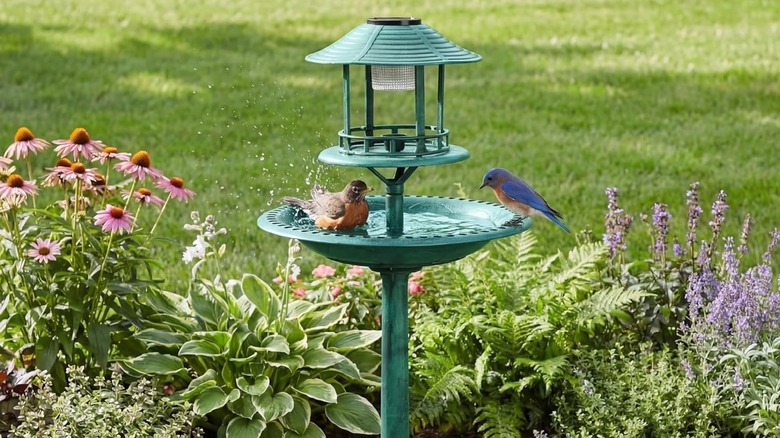 The Best Choice Products solar bird bath with two birds on it