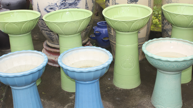 Ceramic bird baths in a garden store