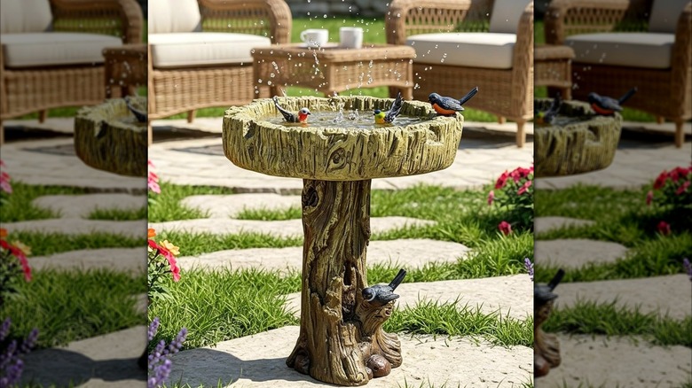 A bird bath made to look like a tree stump on a paving stone beside a patio seating area.