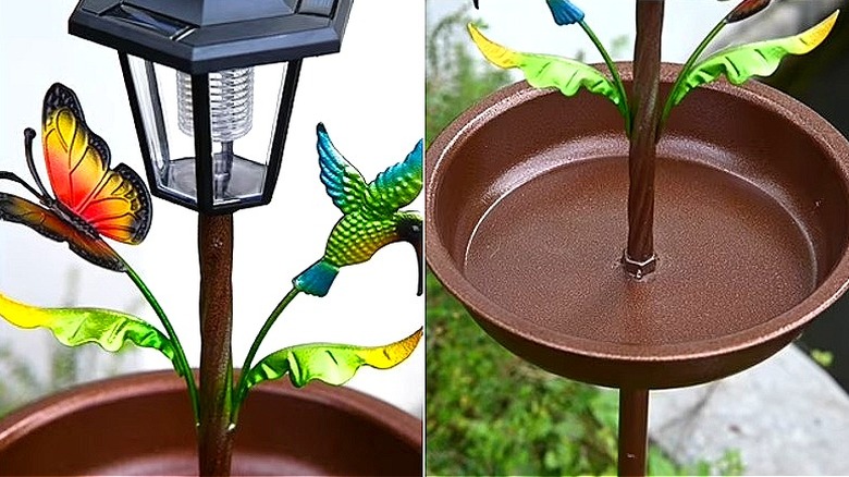 Split image showing the details of the solar lamp and basin of the Cocobela bird bath