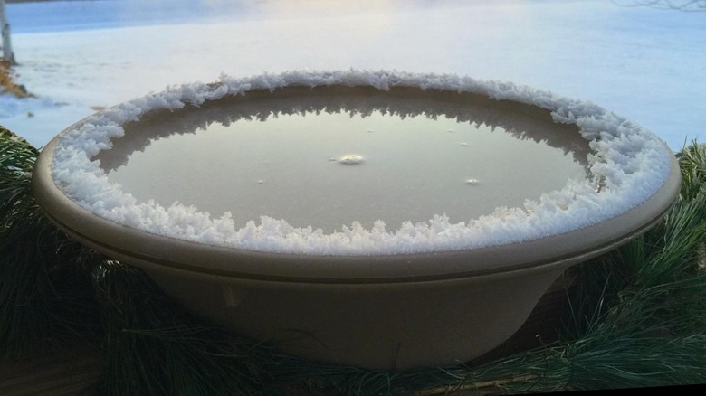 Birdbath in winter with snow around it