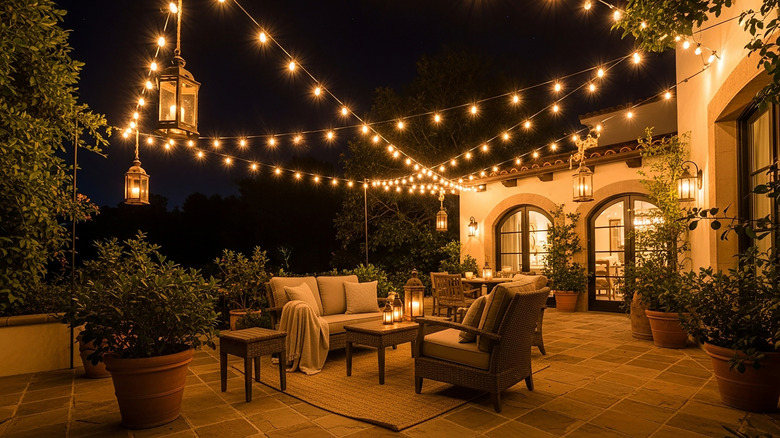 hanging lights on a decorated patio
