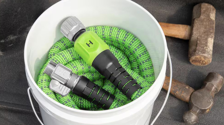 Expandable Hydrotech hose in a plastic bucket