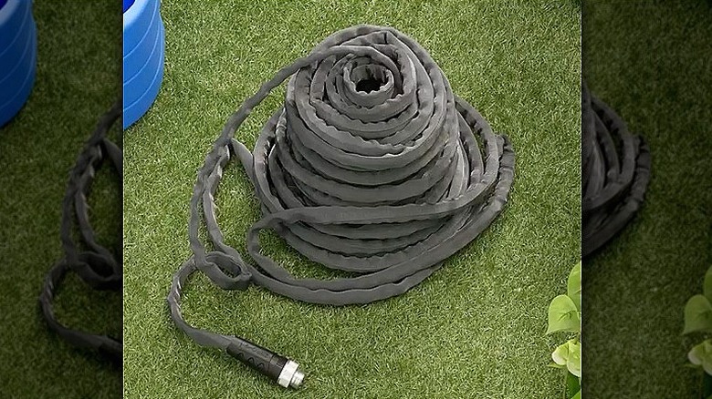 The Zero-G hose sitting in a coil on a patch of grass