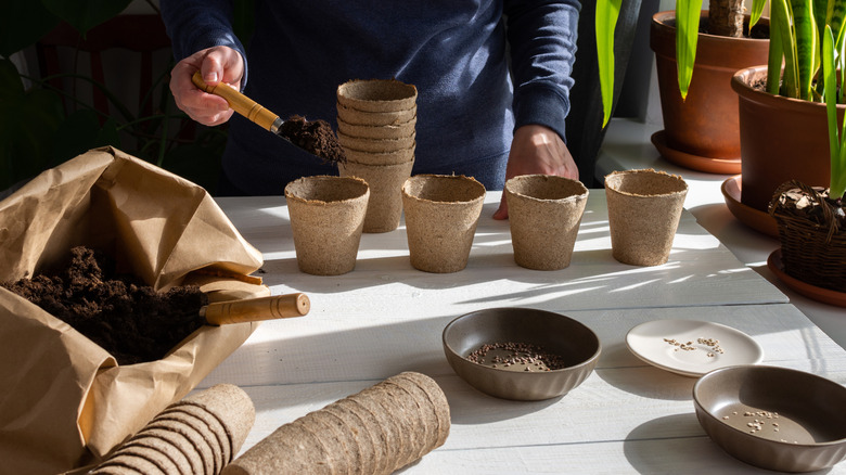 A gardener adding soil to a range of fiber plant pots