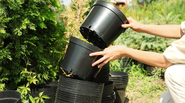 A person stacking a large collection of black plastic nursery pots