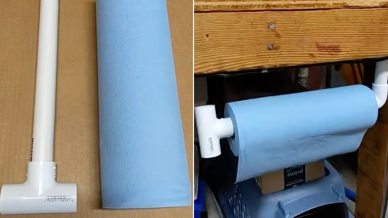 DIY hanging paper towel holder with PVC pipes.