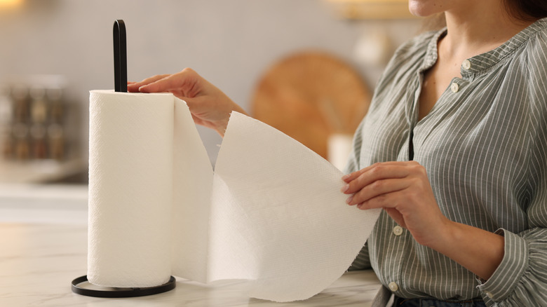 A woman in a striped button down ripping off a sheet of paper towel from a roll on a black holder