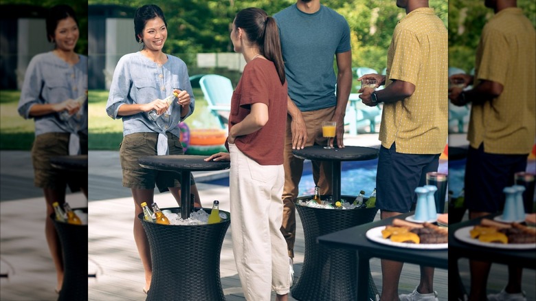 A side table with a cooler in its base and a top that raises and turns into a table, cooler