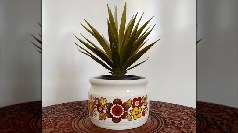 A '70s sugar jar with a floral pattern used as a planter