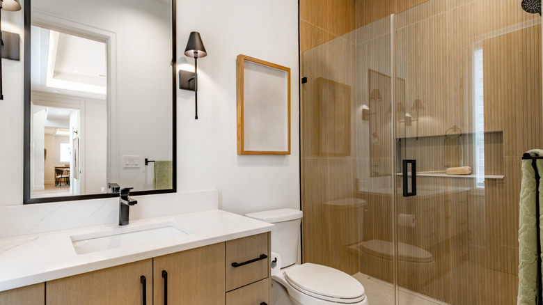 Contemporary bathroom with glass shower doors and wood cabinets.