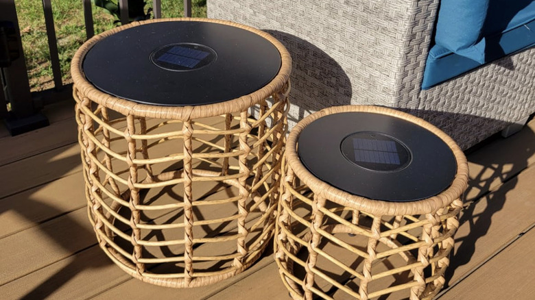 Solar Yard wicker tables on a patio