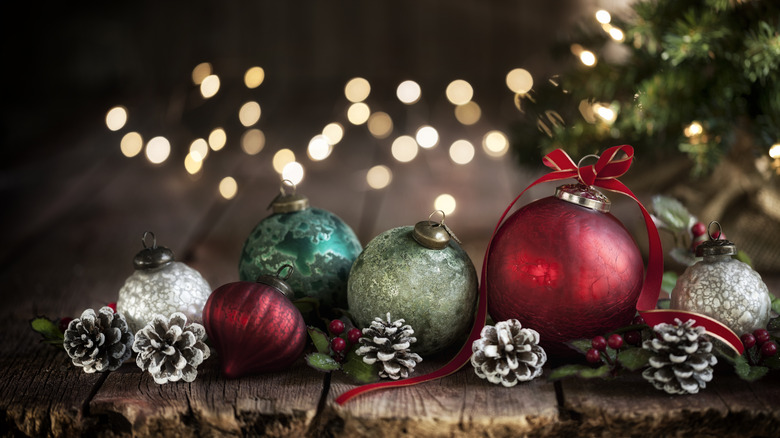 ball ornaments on wood table