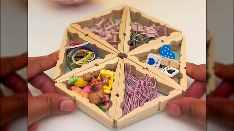 DIY tray organizer using clothespins.